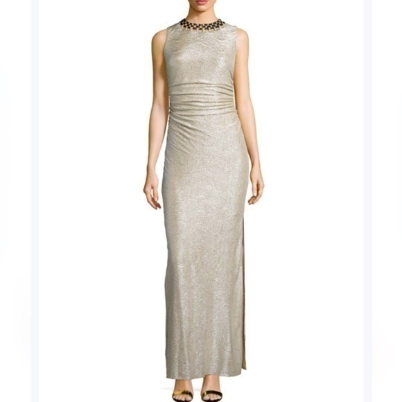 Laundry By Shelli Segal Evening Gown Gold/Silver Color Size 6 Wgold Necklace Nwt